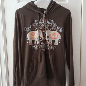 Lucky Brand Boho Brown Elephant Zip Hoodie Medium